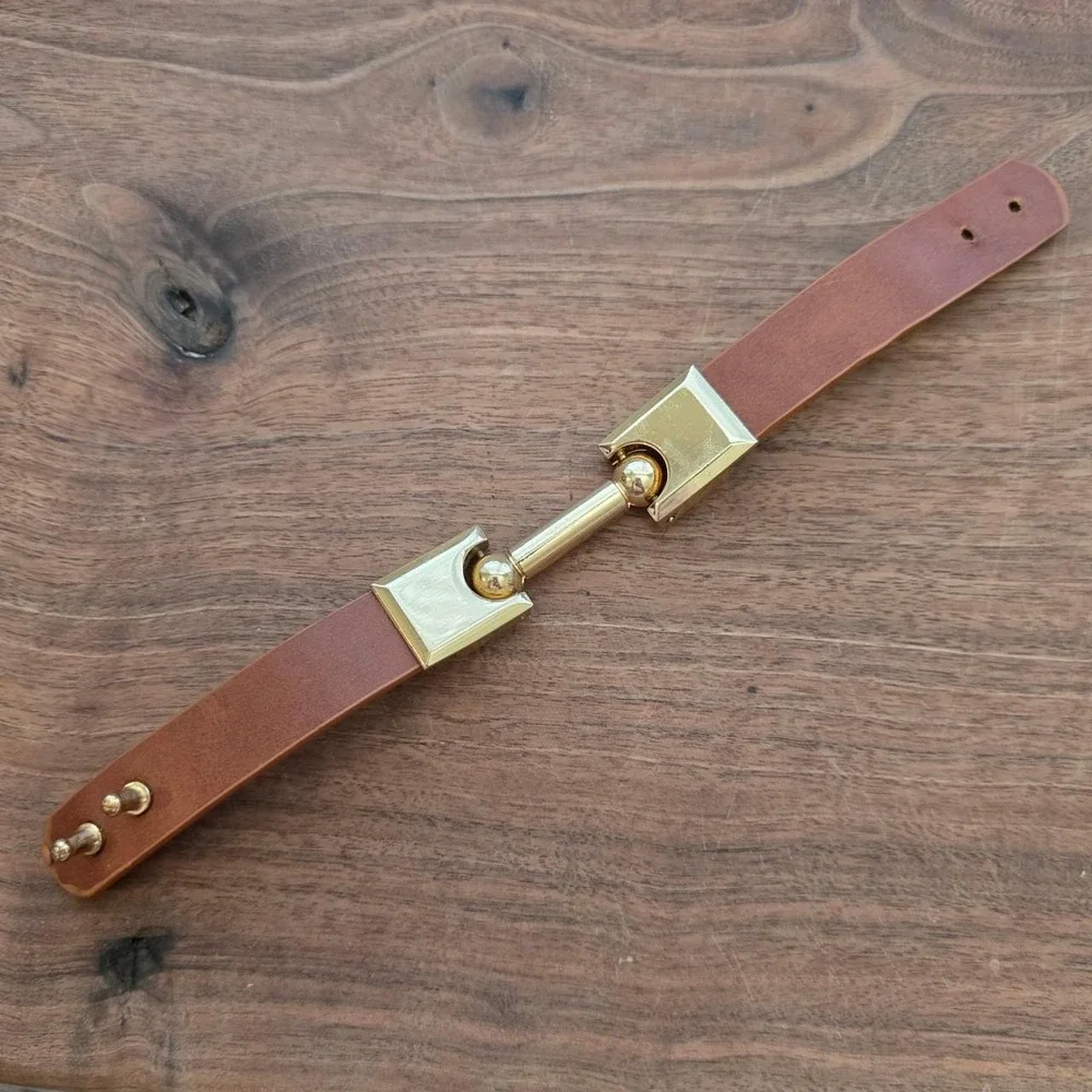 Equestrian Gold Horse Bit Leather Cuff Bracelet Brown Snaffle Preppy Minimalist